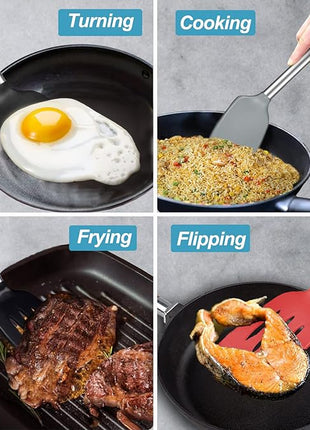 2 Pack Spatulas, Solid & Slotted Silicone Spatula Set, Stainless Steel Handle Coated with Silicone, Non Stick Turners, Heat Resistant Rubber Spatulas for Fish, Eggs, Pancakes, WOK, Red