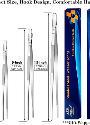 JETKONG Food Tweezers Precision Serrated Tips Kitchen Tweezers Professional Cooking Tweezer Tongs, Set of 3 (7 9 12 Inch, Silver)