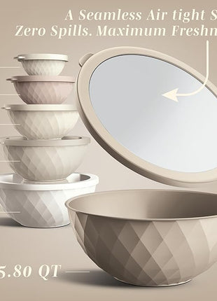 COOK WITH COLOR Mixing Bowls with Lids - 12 Piece Plastic Nesting Bowls Set includes 6 Prep Bowls and 6 Lids, Diamond Design - Microwave Safe, Brown