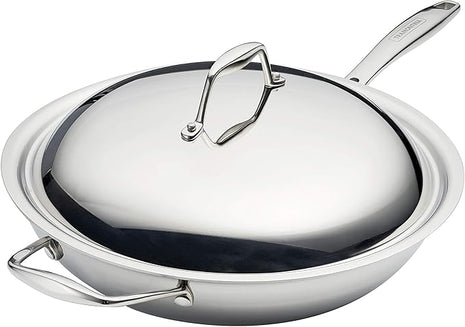 Tramontina Signature Tri-Ply Clad Stainless Steel 12.5-Inch Wok with lid, Induction-Ready, Dishwasher-Safe, NSF-Certified, Made in Brazil