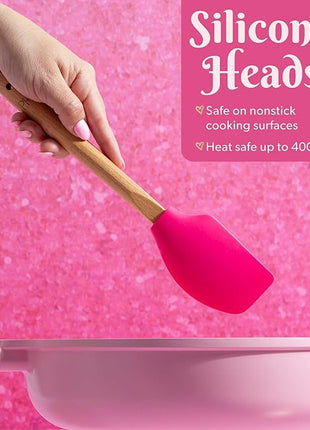 Paris Hilton Silicone Spatula Set, Heat Resistant Kitchen Utensils Tool Set includes a basting brush, all-purpose spatula, large spatula, spoon and spreader, 5-Piece Pink