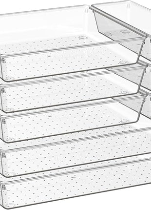 Criusia 8 Pack Drawer Organizer for Kitchen Gadgets, Large Clear Plastic Drawer Divider for Kitchen Accessories, Bathroom Organizers and Storage, Home Essentials for Makeup and Vanity Accessories