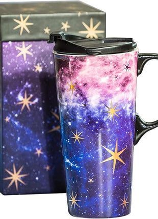 Topadorn Ceramic Travel Mug Coffee Cup 17 OZ., with Sealed Lid and Gift Box, Purple Starry Sky