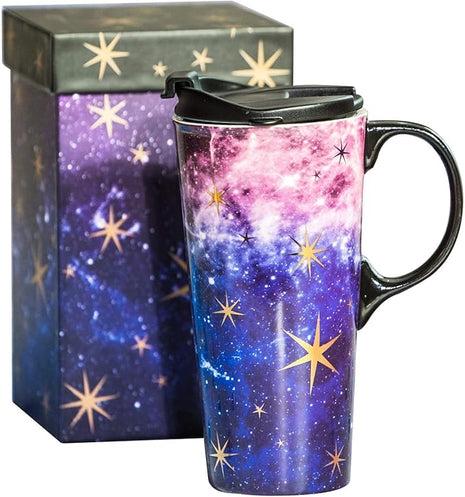 Topadorn Ceramic Travel Mug Coffee Cup 17 OZ., with Sealed Lid and Gift Box, Purple Starry Sky