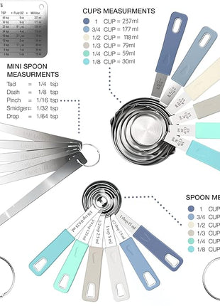 22-Piece Stainless Steel Measuring Cups and Spoons Set, Tad Dash Pinch Smidgen Drop Mini Measuring Spoons, Measuring Stick Leveler, Measurement Conversion Chart Fridge Magnet, (Farmhouse)
