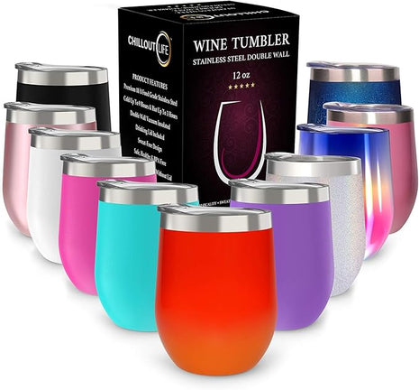 CHILLOUT LIFE 12 oz Stainless Steel Wine Tumbler with Lid - Double Wall Vacuum Insulated Wine Cup Glass Keeping Cold & Hot for Coffee, Champagne, Cocktails, Ice Cream - Red Fire