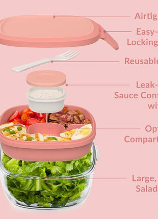 Bentgo Glass All-in-One Salad Container - Large 61-oz Salad Bowl with Lid, 4-Compartment Bento-Style Tray, 3-oz Sauce Container, and Reusable Fork - Dishwasher, Microwave, and Oven Safe (Coral)
