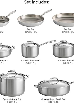 Tramontina Signature Tri-Ply Clad Stainless Steel 13-Piece Cookware Set with Lids, Pots and Pans Kitchen Set, Induction-Ready, Dishwasher-Safe, NSF-Certified