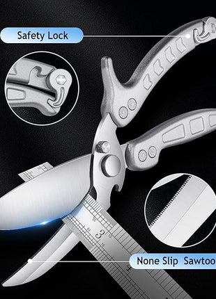 DRAGON RIOT Heavy Duty Poultry Shears - A Must Have Kitchen Shears for Chicken and Meat Cutting - Dishwasher Safe and Stainless Food Kitchen Scissors for Thanksgiving(Silver)