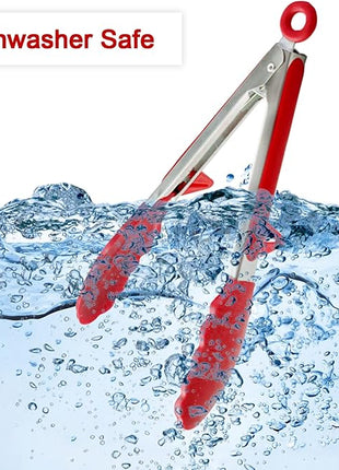 Silicone Tongs for Air Fryer, 2 Pack, Red Color, Premium Silicone BPA Free Non-Stick Stainless Steel Locking Food Tongs, 9-Inch and 12-Inch