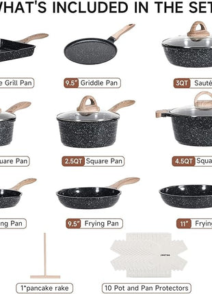 JEETEE 24Pcs Ceramic Cookware Set, Gray Pots and Pans Set Non Stick, Kitchen Healthy Non Toxic Induction Cookware Sets W/Saucepans, Sauté Pan, Griddle, Crepe Pan & Pancake Rake (PFAS,PFOA Free)