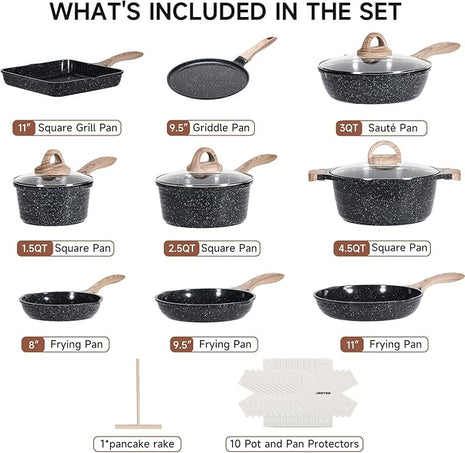 JEETEE 24Pcs Ceramic Cookware Set, Gray Pots and Pans Set Non Stick, Kitchen Healthy Non Toxic Induction Cookware Sets W/Saucepans, Sauté Pan, Griddle, Crepe Pan & Pancake Rake (PFAS,PFOA Free)