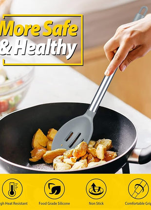 Pack of 2 Large Silicone Cooking Spoons,Non Stick Solid Basting Spoon,Heat-Resistant Kitchen Utensils for Mixing,Serving,Draining,Stirring (GREY)