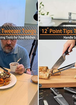 JETKONG 6 Pcs Cooking Tweezer Tongs, 12'' and 6.3" Stainless Steel Kitchen Tweezer Set, Professional Chef Tweezers for Cooking, Repairing, Sea Food, BBQ, Multi-use (Black)