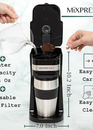 Mixpresso Black Personal Single Serve Coffee Maker with 14oz Travel Mug, Drip Small Coffee Maker with Auto Shut Off, Reusable Filter, Works with Ground Coffee Only – Not for K-Cup Pods