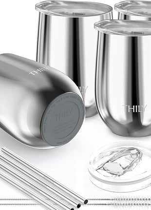 THILY Vacuum Insulated Stemless Wine Tumbler 4 Pack Stainless Steel Wine Glass with Lid and Straw, Keep Cold or Hot for Coffee, Cocktails, Christmas Birthday Gift, Mirror Silver