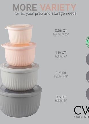COOK WITH COLOR Prep Bowls with Lids- Wide and Deep Nesting Plastic Small Mixing Bowl Set with Lids, 8 Piece Set - Deep Bowls, Grey/Pink