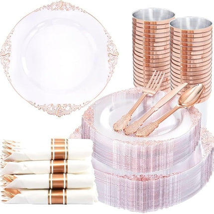 Nervure 350PCS Rose Gold Plastic Plates - Rose Gold Plastic Dinnerware Sets for 50 Guests - 100 Disposable Plates, 150 Silverware, 50 Cups, 50 Napkins Perfect for Wedding & Party
