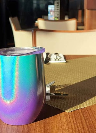 CHILLOUT LIFE 12 oz Stainless Steel Wine Tumblers 2 Pack - Double Wall Vacuum Insulated Wine Glasses Cups with Lids and Straws Set Keeping Cold & Hot for Coffee, Beer, Ice Cream - Mermaid Sparkle