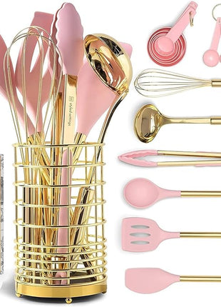 Pink and Gold Kitchen Utensils Set - 17-Piece Kitchen Tools Include Silicone Cooking Utensils, Spatula Holder, Measuring Cups and Spoons for Baking, Cooking - Stylish Pink Kitchen Accessories