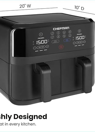 Chefman TurboFry Touch Dual Air Fryer, Maximize The Healthiest Meals With Double Basket Capacity, One-Touch Digital Controls And Shake Reminder For The Perfect Crispy And Low-Calorie Finish