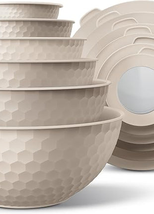 COOK WITH COLOR Mixing Bowls with Lids - 12 Piece Plastic Nesting Bowls Set includes 6 Prep Bowls and 6 Lids, Non Slip Bottom and Embossed Design - Microwave Safe (Cream)