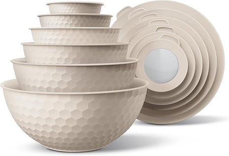 COOK WITH COLOR Mixing Bowls with Lids - 12 Piece Plastic Nesting Bowls Set includes 6 Prep Bowls and 6 Lids, Non Slip Bottom and Embossed Design - Microwave Safe (Cream)