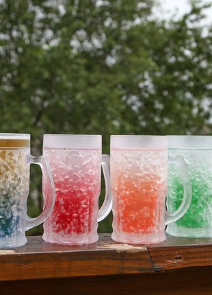 Lily's Home Insulated Double Wall Gel-Filled Acrylic Frosted Freezer Beer Glasses, Great for Enjoying Brews at BBQs and Parties, Clear with Assorted Color Bases (14 oz. Each, Set of 4) - Mug Shape