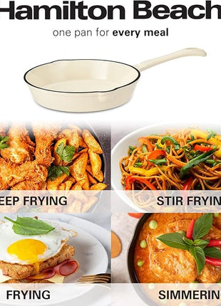 Hamilton Beach Enameled Cast Iron Fry Pan 8-Inch Cream, Cream Enamel Coating, Skillet Pan for Stove Top and Oven