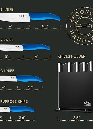 Vos Ceramic Knife Set with Block, Ceramic Knives Set For Kitchen, Ultra Sharp Kitchen Knife Set with Covers, 3" 4" 5" 6" Chef Knife, Utility, Paring & Versatile, Lightweight, Dishwasher safe (Blue)