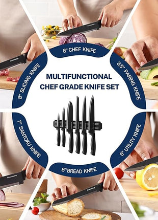 Kitchen Knife Set with No Drilling Magnetic Strip for Kitchen Black Titanium Small Cooking Knives, Sharp Stainless Steel Chef Knife Set for Cutting Meat & Vegetable