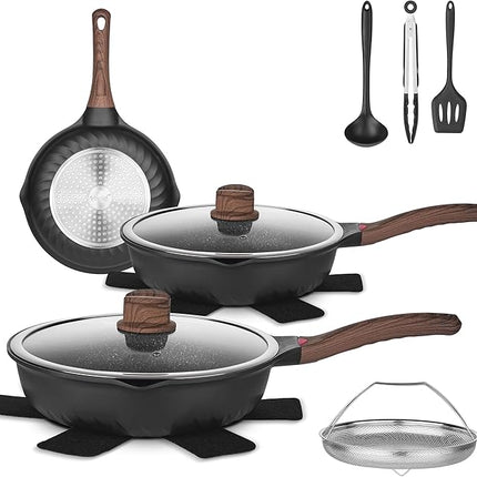 Vinchef Pots and Pans Set, 12pcs Nonstick Induction Kitchen Cookware Sets with Stay-Cool Handles, Frying Pans and Saute Pan with Lid, Silicone Cooking Utensil Sets and Pot Protectors, PFAS, PFOA Free