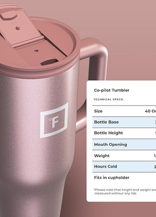 IRON °FLASK Co-Pilot Insulated Mug w/Straw & Flip Cap Lids - Cup Holder Bottle for Hot, Cold Drink - Leak-Proof - Water, Coffee Portable Travel Mug - Rose Gold, 40 Oz