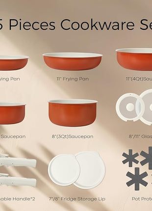 15Pcs Pots and Pans Set Non Stick, Cookware Sets with Detachable Handle, Nonstick RV Kitchen Cooking Tools Removable Handles, Oven Safe, Induction Fast, Stackable Induction Cookware, Tangerine