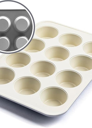 GreenLife 12-Cup Muffin Pan, PFAS-Free Healthy Nonstick Baking Tray, 11.4" x 1.9" x 15.9", Durable Ceramic Bakeware, Cupcakes, Egg Bites, Tarts, Brownies, Gray