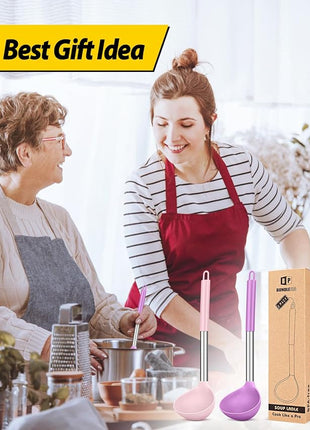 Pack of 2 Ladle Spoon,Silicone Large Spoon for Soup,Non Stick Kitchen Utensils with High Heat Resistant,BPA Free Perfect Kitchen Tools for Cooking, Stirring,Serving Soups (PINK-PURPLE)