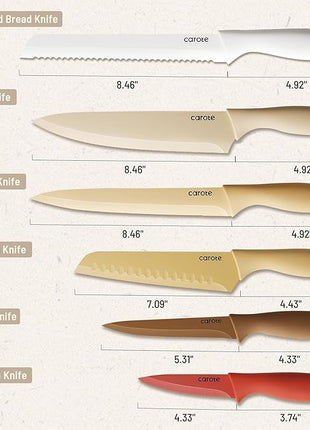 CAROTE 12 Pieces Kitchen Knife Set, Stainless Steel Knife Set With Nonstick Ceramic Coating, Dishwasher Safe with 6 Blade Guards, Rustproof, Brown