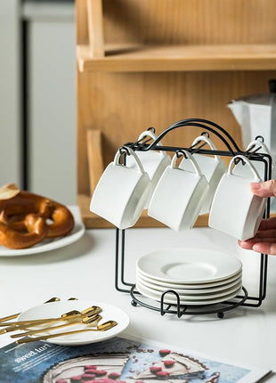 YHOSSEUN Espresso Cups Set with Saucers and Metal Stand Coffee Cup Set of 6 4 oz Cappuccino Cups Teacup for Tea Party - White