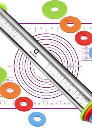 Rolling Pin and Pastry Baking Mat Set, Rolling Pins with Adjustable Thickness Rings, Stainless Steel Dough Roller for Baking Fondant, Pizza, Pie, Pastry, Pasta, Cookies (Purple)