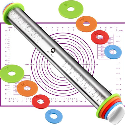 Rolling Pin and Pastry Baking Mat Set, Rolling Pins with Adjustable Thickness Rings, Stainless Steel Dough Roller for Baking Fondant, Pizza, Pie, Pastry, Pasta, Cookies (Purple)