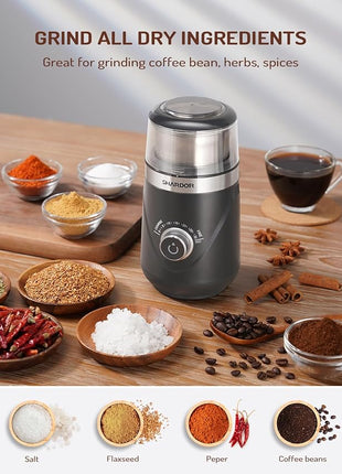 SHARDOR Electric Super Silent Blade Coffee Grinder, Timed Grind Control Rotary Knob, Adjustable Coarse to Fine for Coffee Beans, Spices & Herbs, with 1 Removable Stainless Steel Bowl,Light Gray