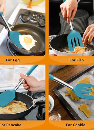 Silicone Spatula Set of 2, E-far Solid & Slotted Turner for Nonstick Cookware, Heat Resistant Rubber Kitchen Cooking Utensils for Flipping Fish Pancake Egg - Teal Blue