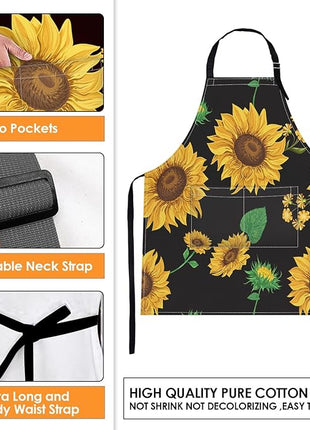 Britimes Apron Home Kitchen Cooking Baking Gardening for Women Men with Pockets Sunflowers Floral Flowers Leaf Vintage 32x28 inch