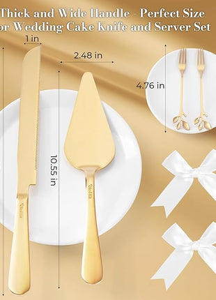 Wedding Cake Cutting Set, Elegant Wedding Cake Knife and Server Set with Thick Stainless Steel Wide Handle, Cake Cutting Set for Wedding Anniversary Christmas, Cake Cutter, 2 Cute Forks and Bows, Gold