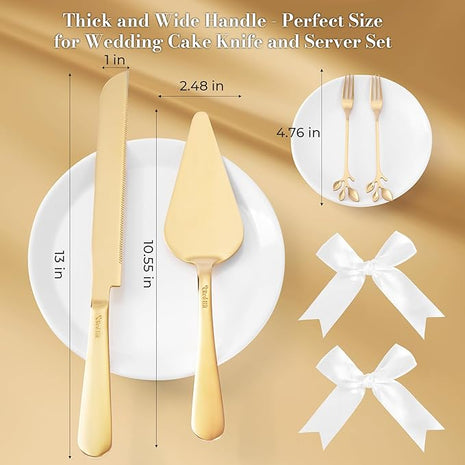 Wedding Cake Cutting Set, Elegant Wedding Cake Knife and Server Set with Thick Stainless Steel Wide Handle, Cake Cutting Set for Wedding Anniversary Christmas, Cake Cutter, 2 Cute Forks and Bows, Gold