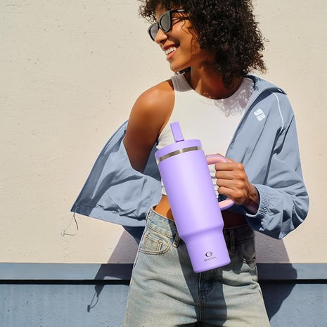 40 oz Tumbler with Handle and Straw: Stainless Steel Insulated Tumbler Keeps Cold for 24 Hours, Leakproof Travel Cup Fits in Cup Holder and BPA-Free, Mauve