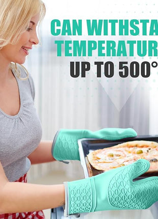 Silicone Oven Mitts, Heat Resistant 2PCS Oven Mitts with Soft Cotton Lining, Waterproof Non-Slip Grip Oven Glove, Kitchen Potholder Mits for BBQ, Baking, Cooking, 12.5 Inch - Green