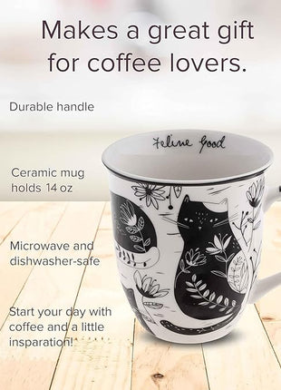Karma Gifts 16 oz Black and White Boho Mug Cat - Cute Coffee and Tea Mug - Ceramic Coffee Mugs for Women and Men