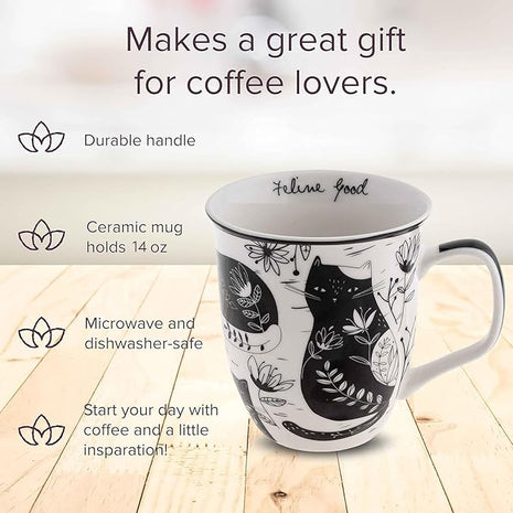 Karma Gifts 16 oz Black and White Boho Mug Cat - Cute Coffee and Tea Mug - Ceramic Coffee Mugs for Women and Men