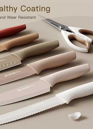 Astercook Knife Set, 13 Pieces Kitchen Knives Set with Healthy Anti-Rust Coating, Dishwasher Safe, Stainless Steel Chef Knife Sets with 6 Blade Guards, Perfect Holiday Gifts for Kitchen